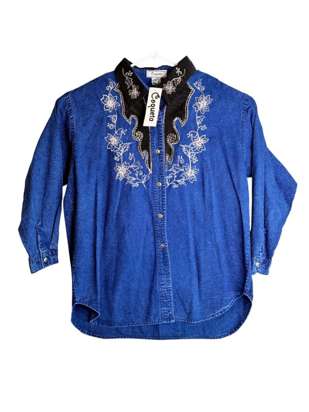 Coqueta Womens 2X Denim Western Shirt Embroidered Floral Black Collar Long Sleev